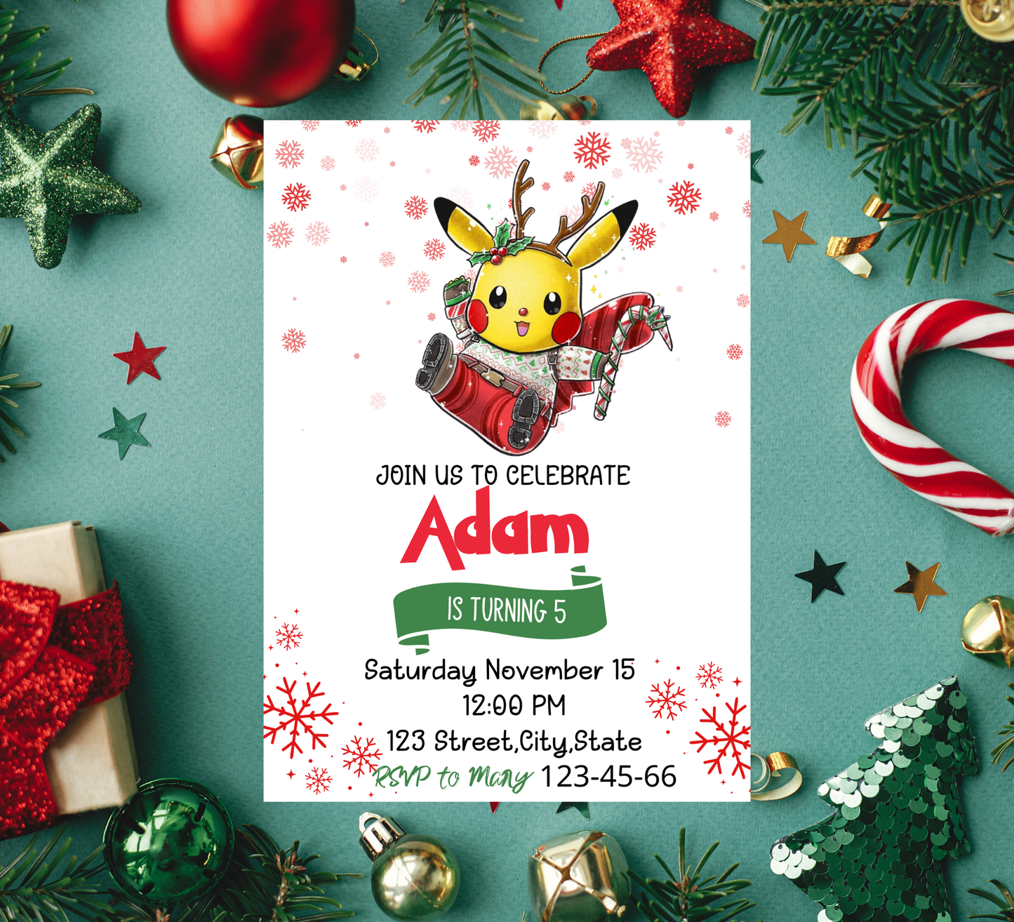 Pikachu Pokémon Winter Birthday Invitation | Snowy Party Invite | Editable Template
