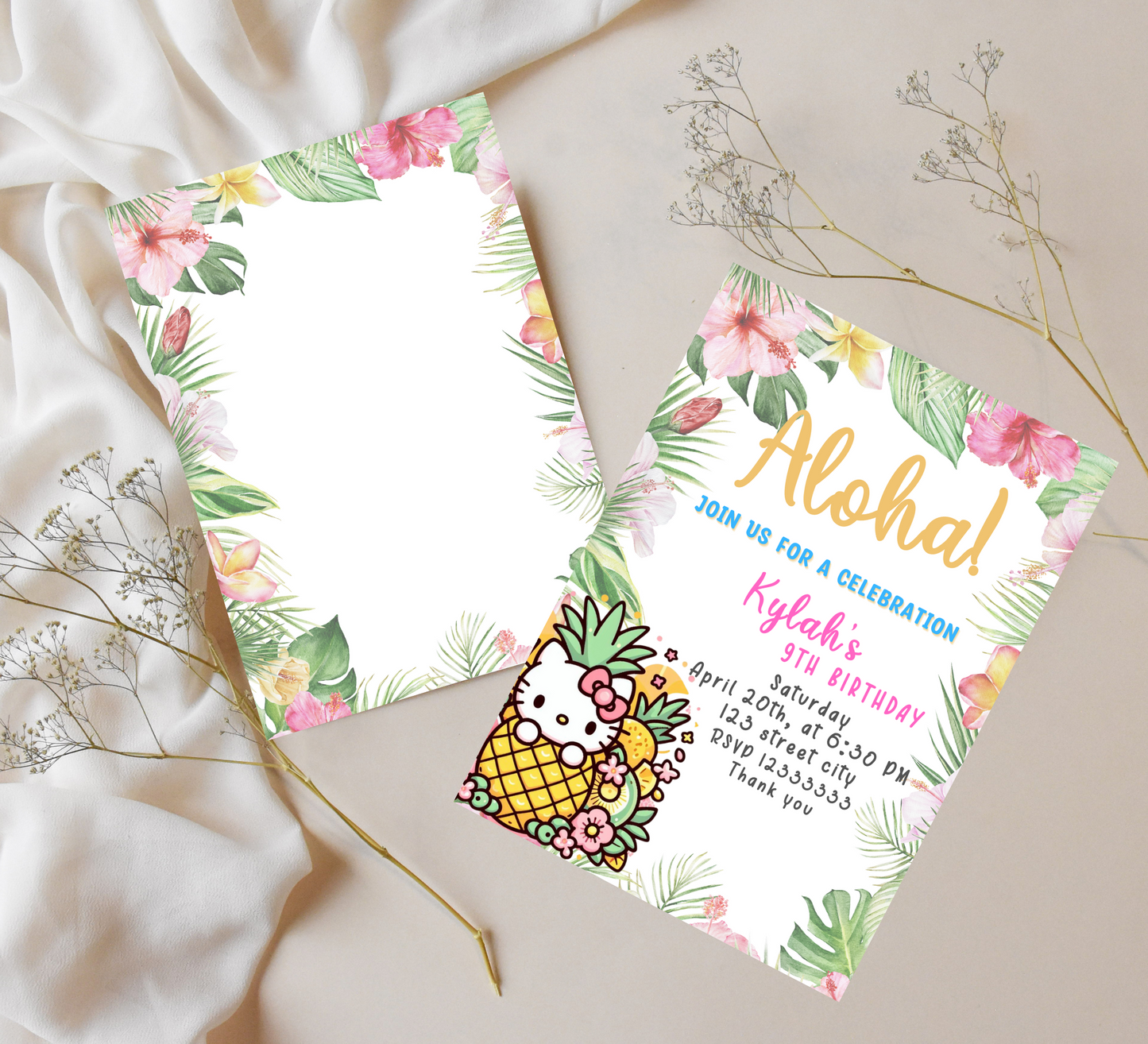 Hello Kitty Aloha Tropical Hawaii Birthday Invitation | Editable Canva Template | Kawaii Luau Party Invite | Printable Girls Birthday Invitation