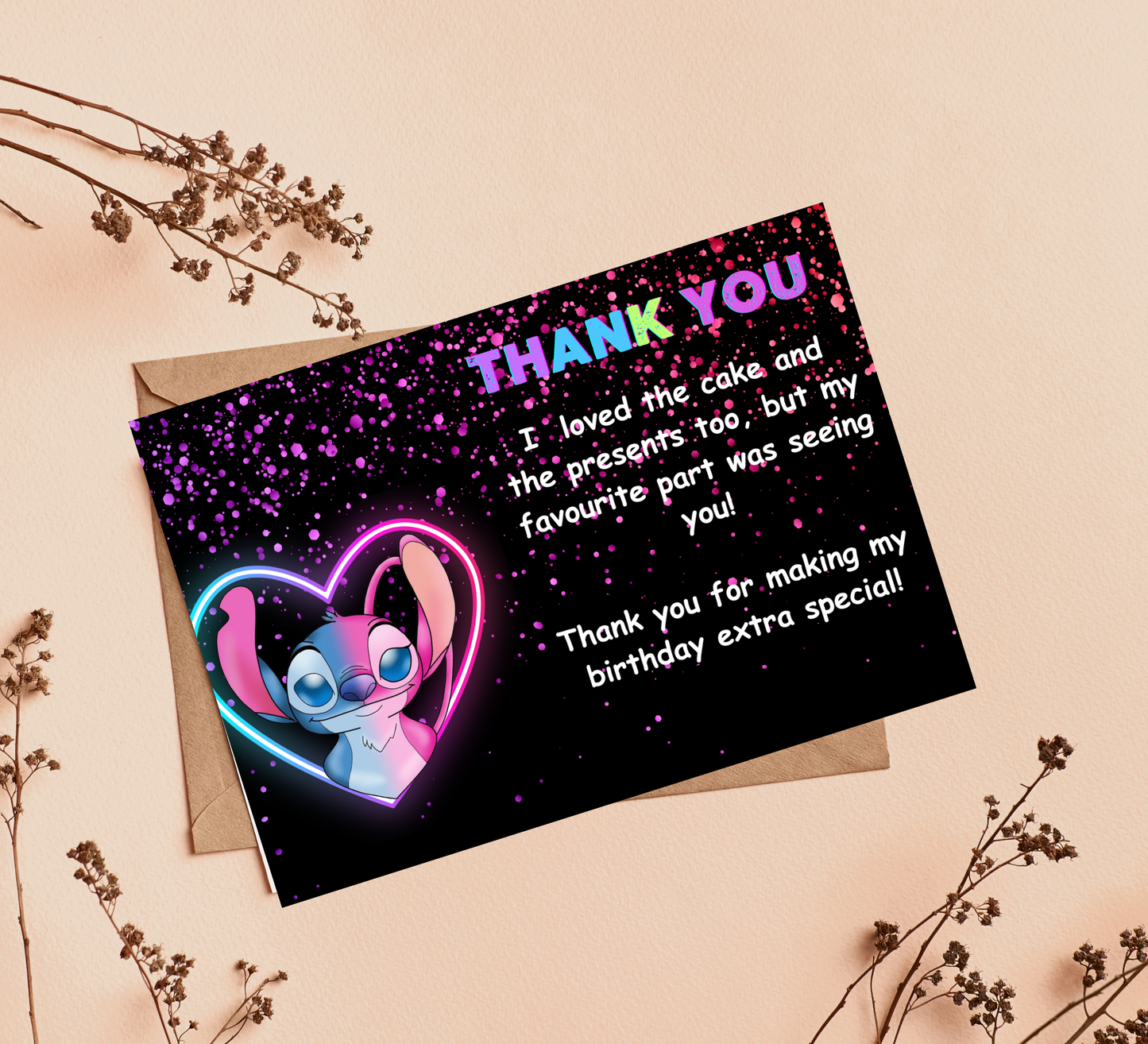 Stitch and Angel Neon Glow Birthday Invitation | Editable Canva Template | Kawaii Glow Party Invite | Cute Neon Birthday