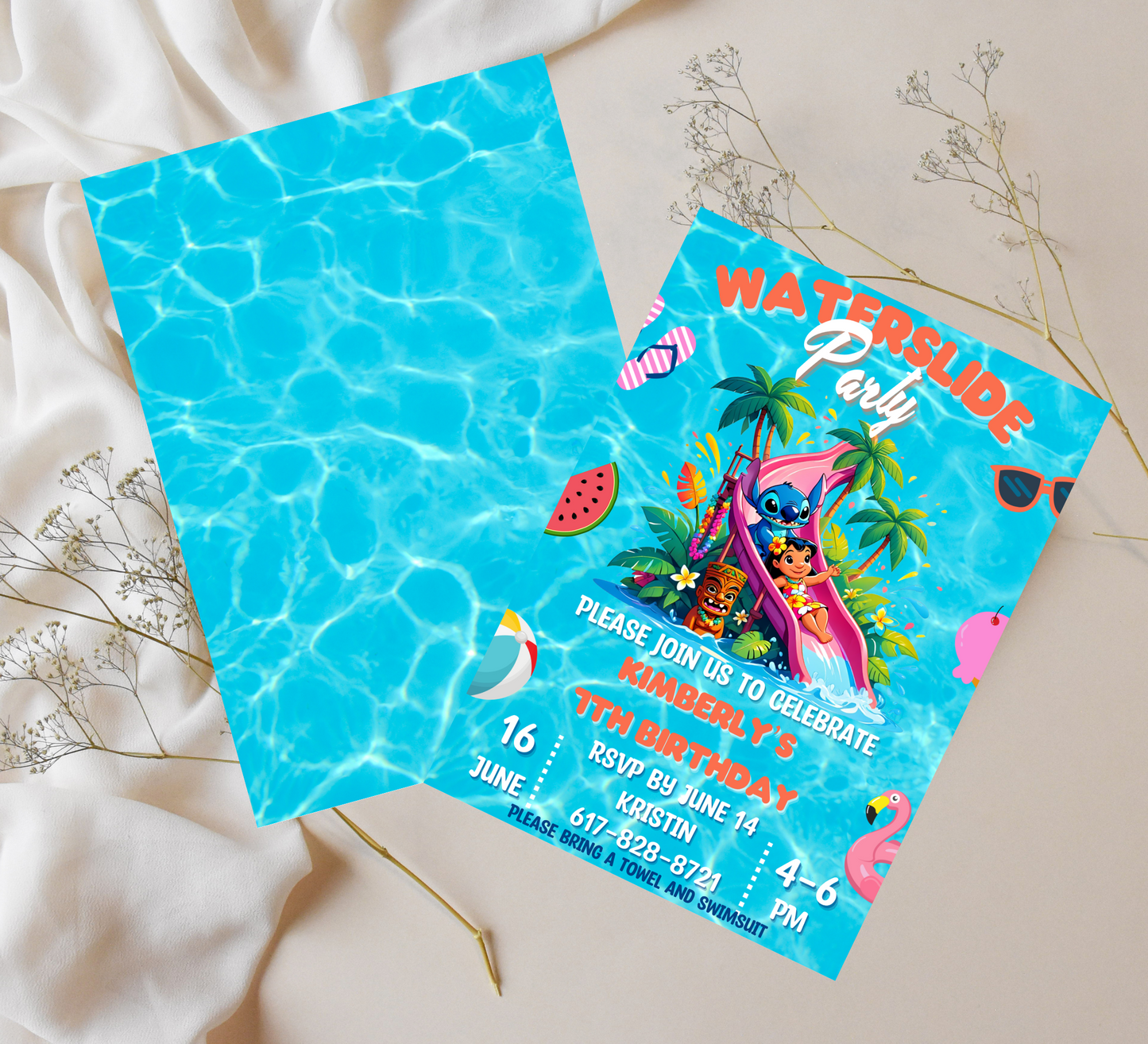 Stitch & Lilo Tropical Waterslide Birthday Invitation | Hawaiian Pool Party Invite | Editable Canva Template | Aloha Summer Birthday Printable