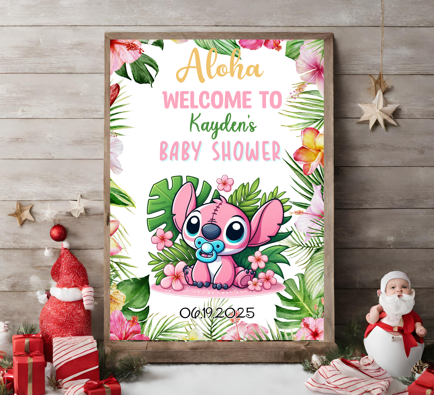 Stitch Pink Aloha Baby Shower Welcome Sign – Editable Canva Template – Tropical Hawaii Baby Shower Decor – Ohana Welcome Poster – Instant Download Printable