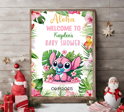 Stitch Pink Aloha Baby Shower Welcome Sign – Editable Canva Template – Tropical Hawaii Baby Shower Decor – Ohana Welcome Poster – Instant Download Printable