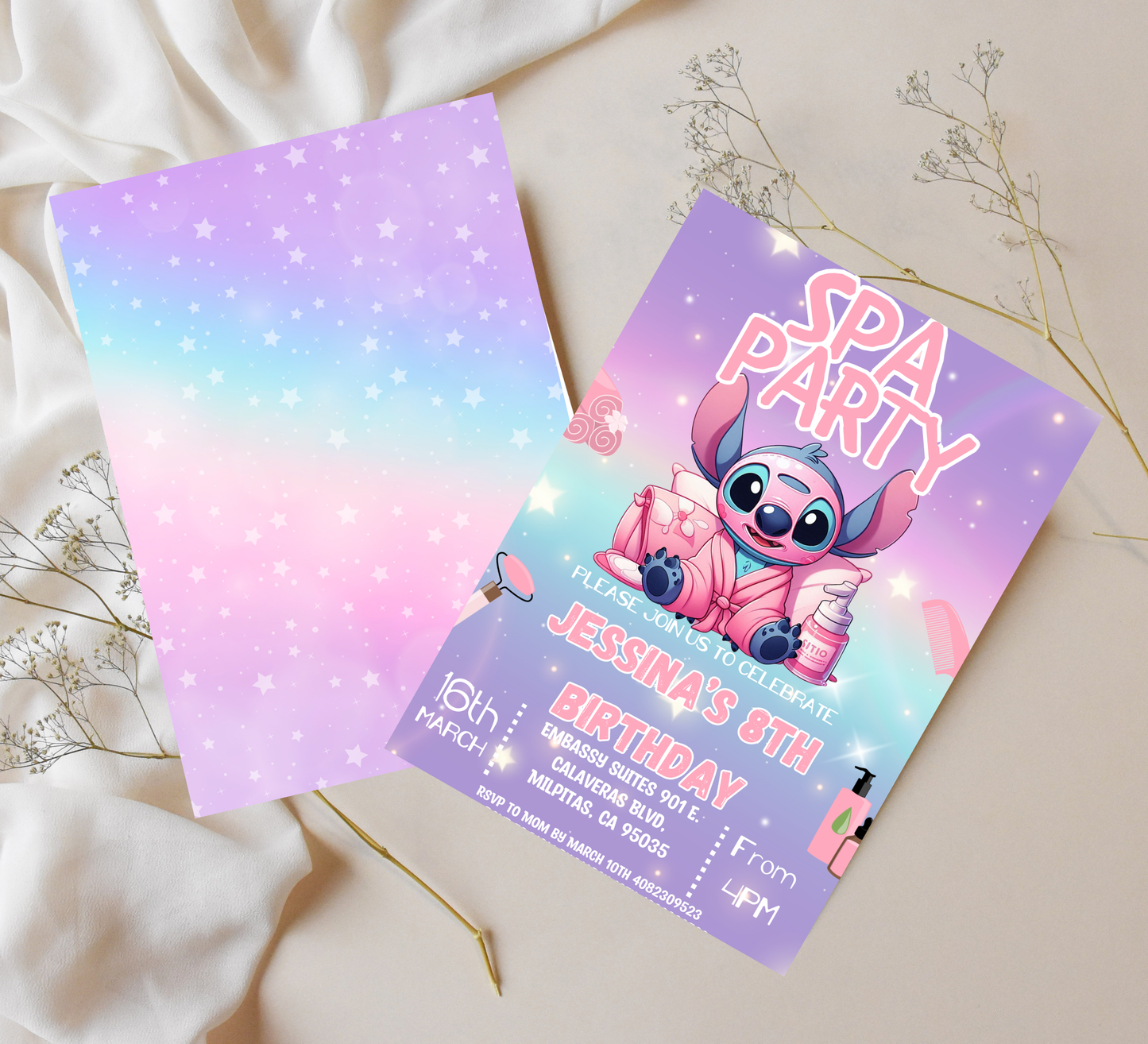 Stitch Sleepover Birthday Invitation – Pink & Purple Spa & Pajamas Party – Editable Canva Template – Kawaii Slumber Party Invite – Cute Tropical Pajama Bash – Instant Download