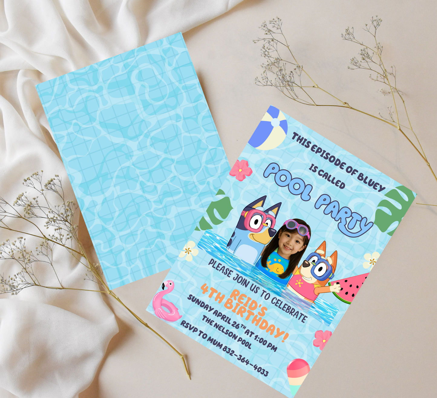 Bluey Personal Photo Pool Birthday Invitation – Editable Canva Template – Add Your Child’s Photo! – Custom Bluey & Bingo Swim Party Invite – Kids Summer Splash Birthday Printable