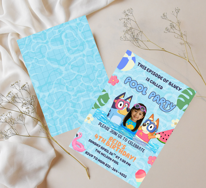 Bluey Personal Photo Pool Birthday Invitation – Editable Canva Template – Add Your Child’s Photo! – Custom Bluey & Bingo Swim Party Invite – Kids Summer Splash Birthday Printable
