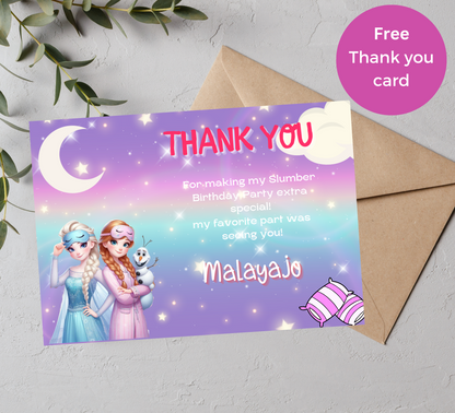Anna & Elsa Frozen Sleepover Birthday Invitation | Slumber Party Invite | Editable Canva Template | Printable Winter Girls Birthday Invitation