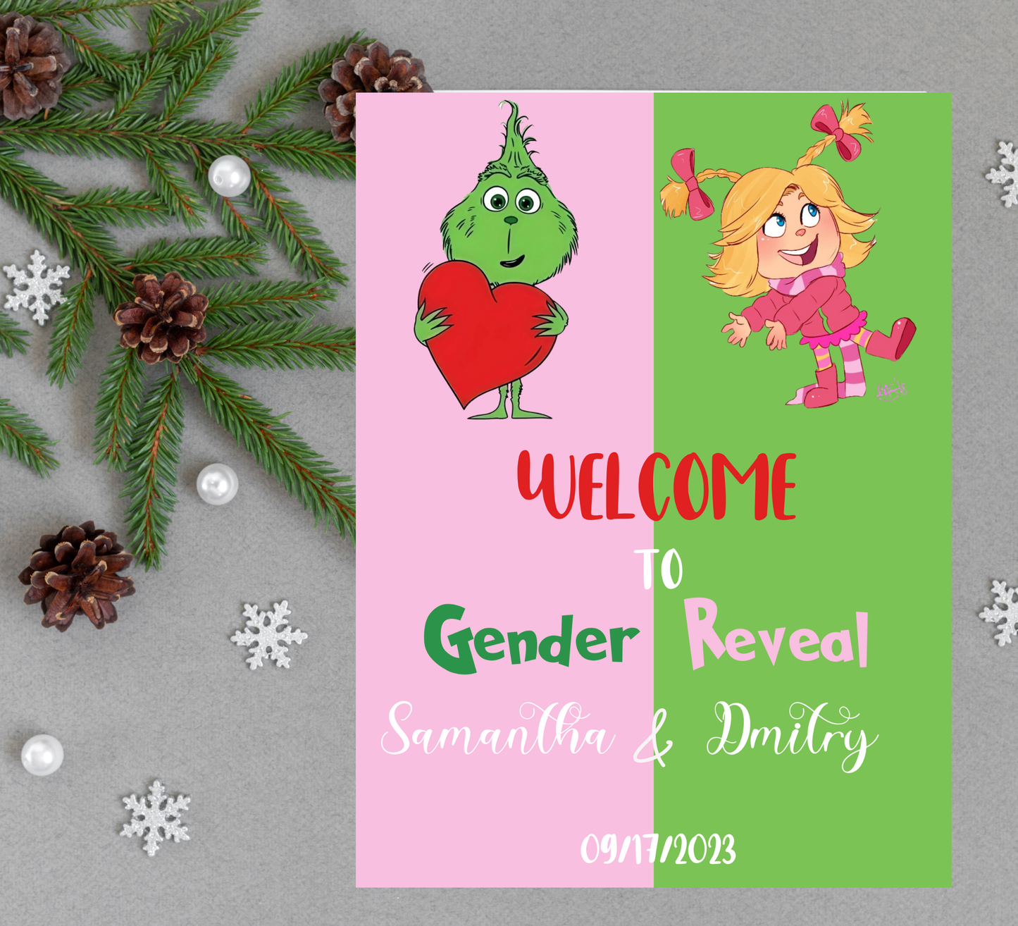 Grinch & Cindy-Lou Gender Reveal Invitation | Pink & Green Holiday Theme | Editable Canva TemplateGrinch & Cindy-Lou Gender Reveal Invitation | Pink & Green Holiday Theme | Editable Canva Template