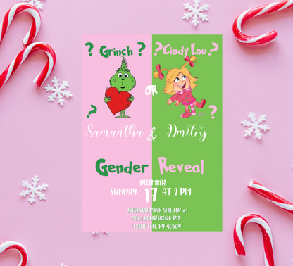 Grinch and Cindy-Lou Gender Reveal Invitation | Pink & Green Holiday Theme | Editable Canva Template | Printable Gender Reveal Party Invite