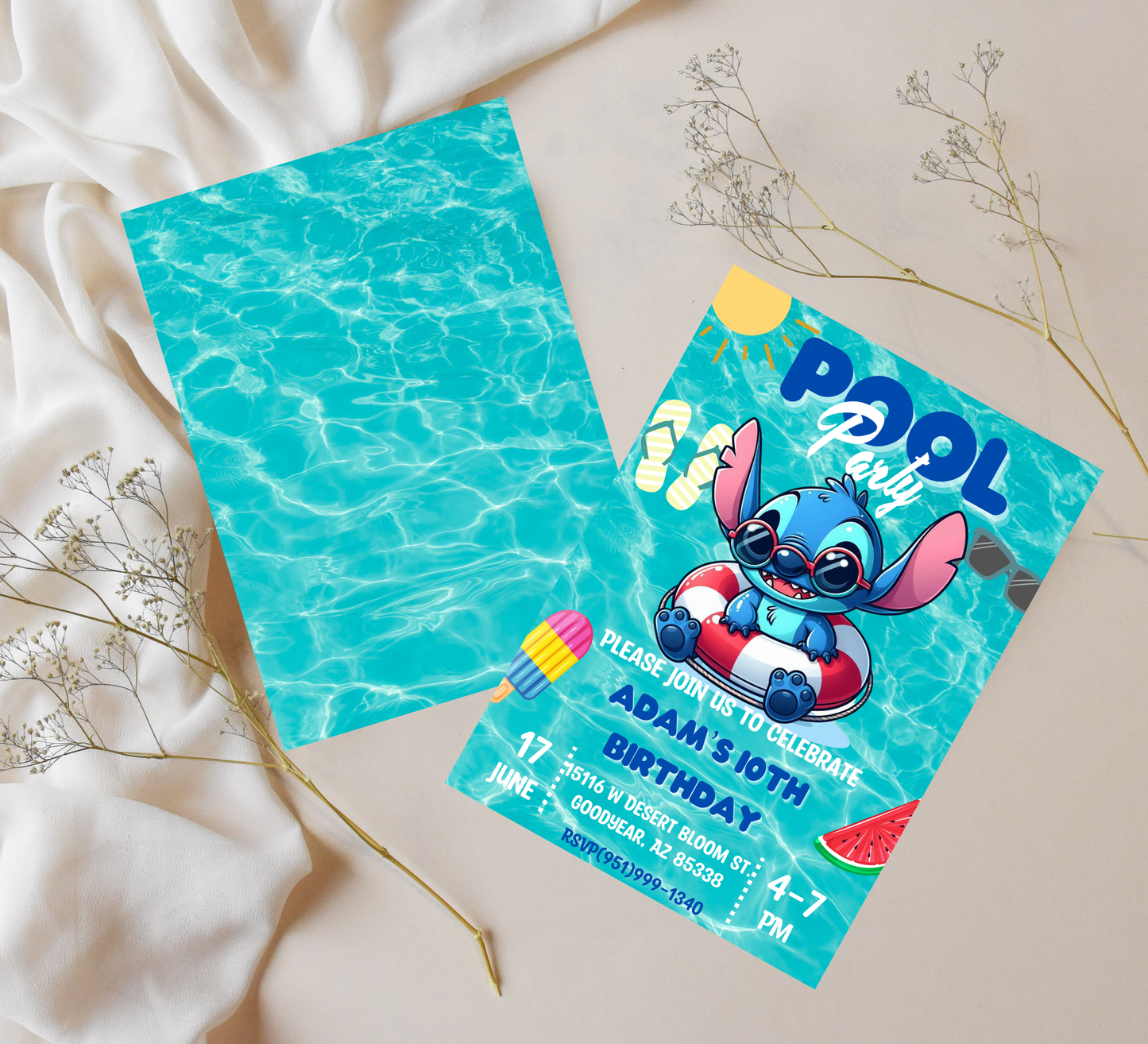 Stitch Pool Birthday Invitation | Kawaii Summer Swim Party Editable Canva Template