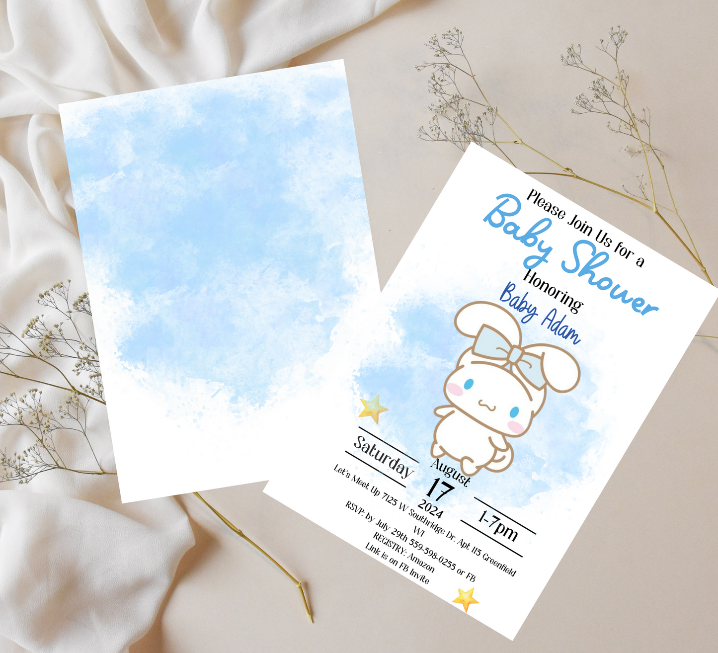 Kawaii Cinnamoroll Baby Shower Invitation | Watercolor Blue Baby Shower Invite | Editable Canva Template | Cute Sanrio Baby Shower Printable