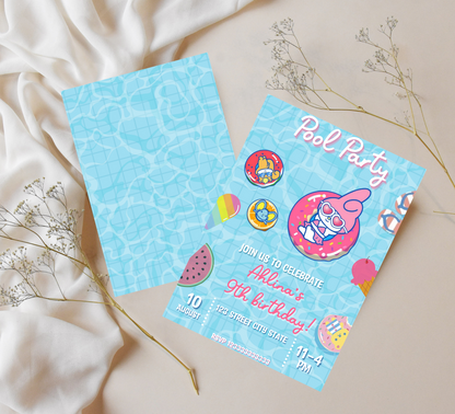 My Melody Pink Pool Birthday Invitation | Kawaii Summer Party Invite | Editable Template | Cute Sanrio Pool Party Birthday