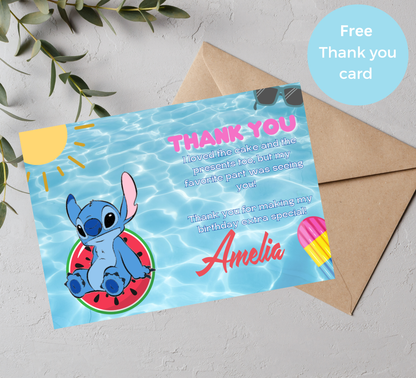 Stitch Pool Birthday Invitation | Summer Swim Party Invite | Editable Canva Template