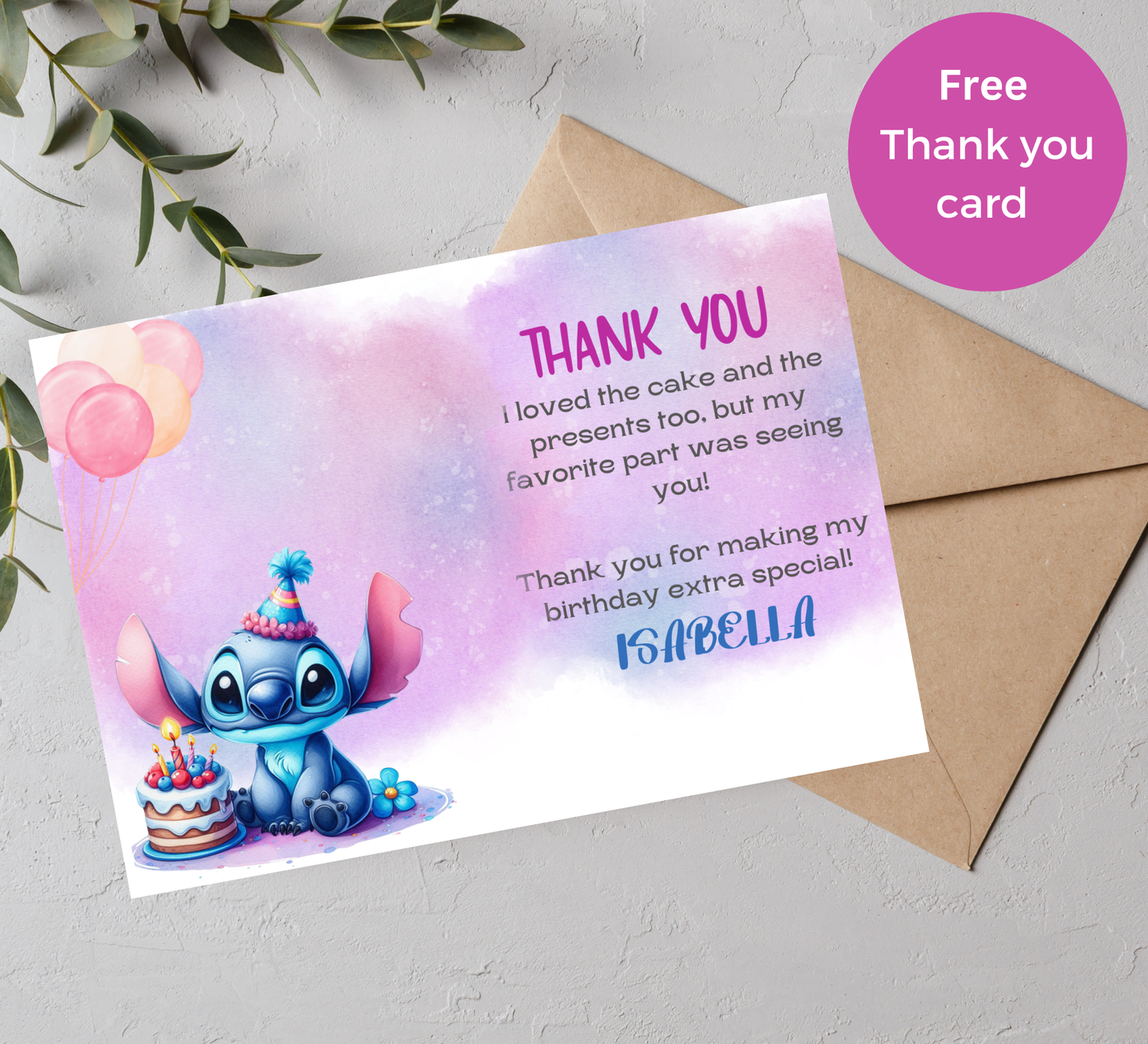 Stitch Watercolor Purple Birthday Invitation | Cute Kawaii Party Invite | Editable Canva Template