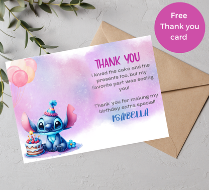 Stitch Watercolor Purple Birthday Invitation | Cute Kawaii Party Invite | Editable Canva Template