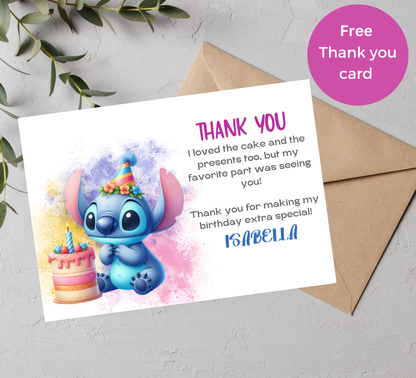 Stitch Watercolor Birthday Invitation 🎨💙 | Cute Kawaii Party Invite | Editable Canva Template