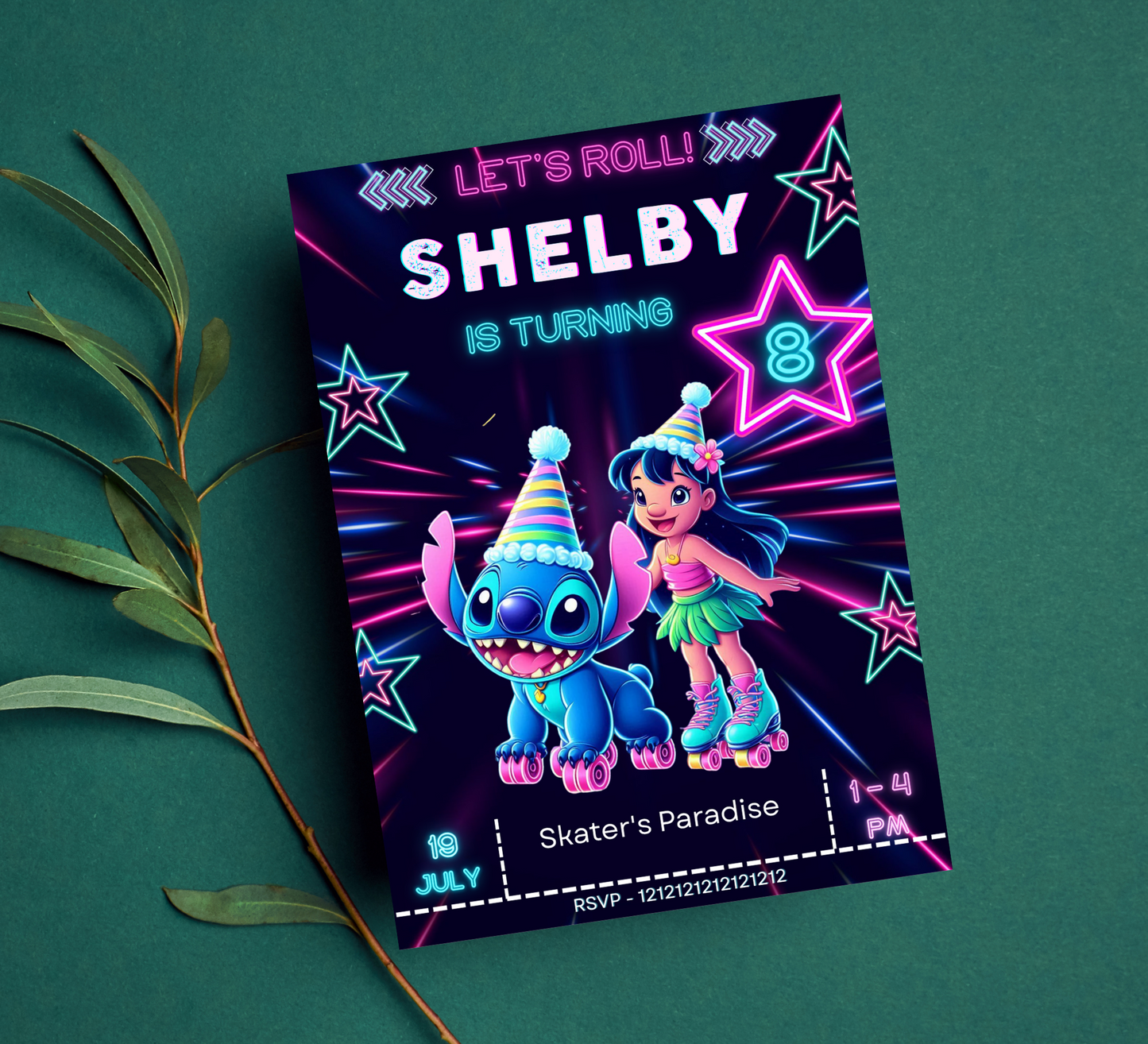 Stitch & Lilo Neon Roller Skating Birthday Invitation | Editable Canva Template | Kawaii Glow Party Invite | Printable Kids Birthday Invitation