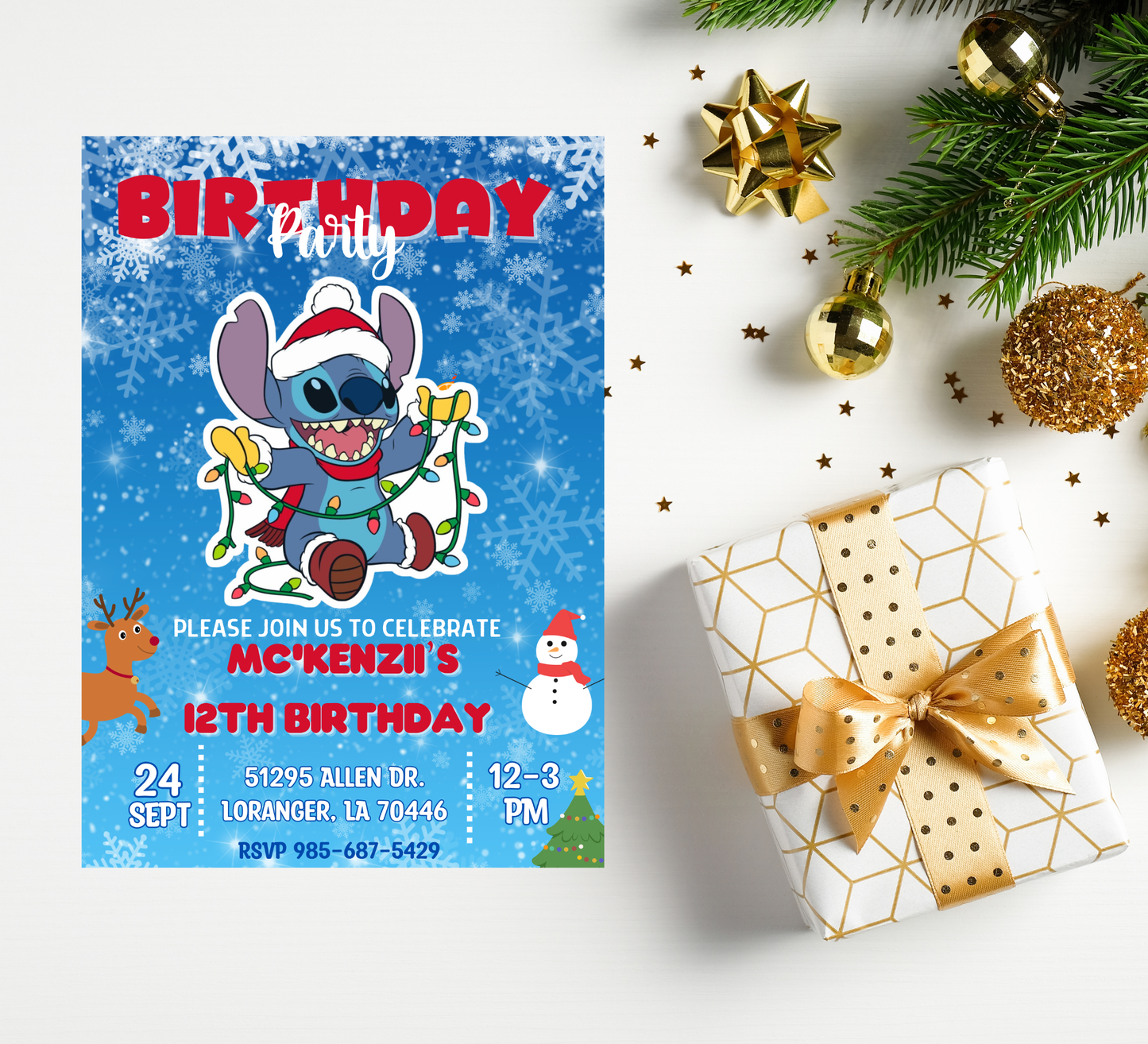 Stitch Christmas Birthday Winter Invitation | Holiday Party Invite | Editable Template