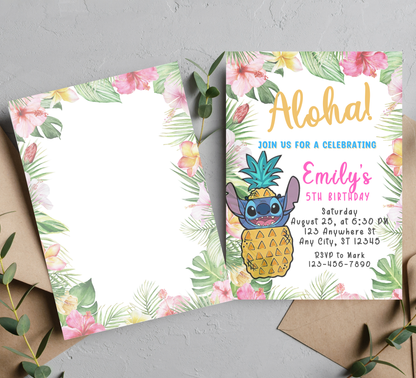 Stitch Aloha Tropical Hawaii Birthday Invitation | Luau Party Invite | Editable Template