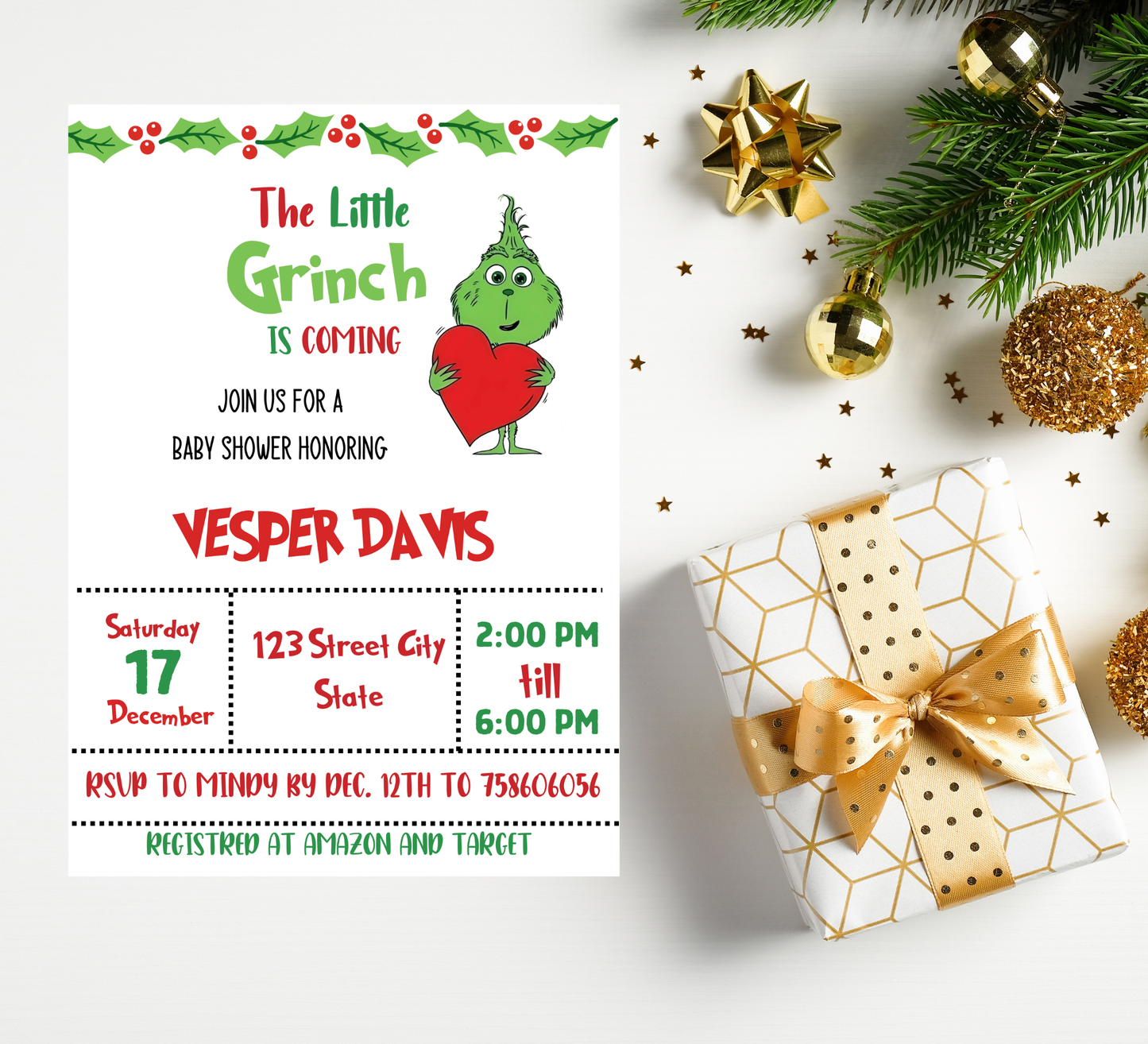Grinch Baby Shower Winter Christmas Invitation | Holiday Baby Celebration | Editable Template