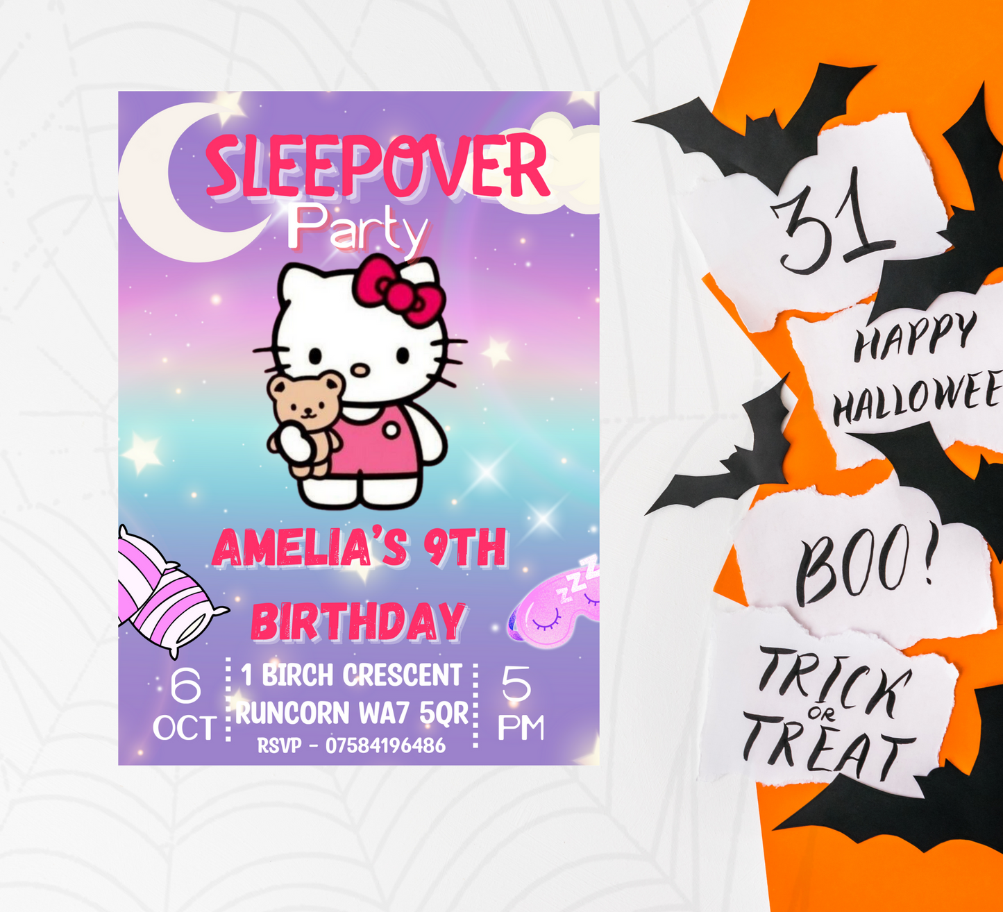 Hello Kitty Purple Slumber Party Invitation | Editable Girls Sleepover Invite | Kawaii Nighttime Sleepover Birthday Invitation | Printable Template