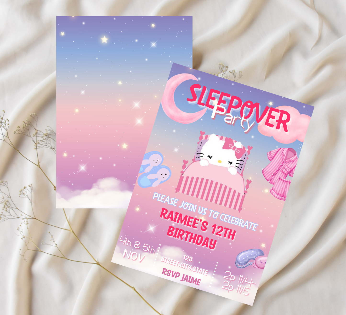 Hello Kitty Gradient Sleepover Birthday Invitation | Kawaii Slumber Party Invite | Editable Canva Template