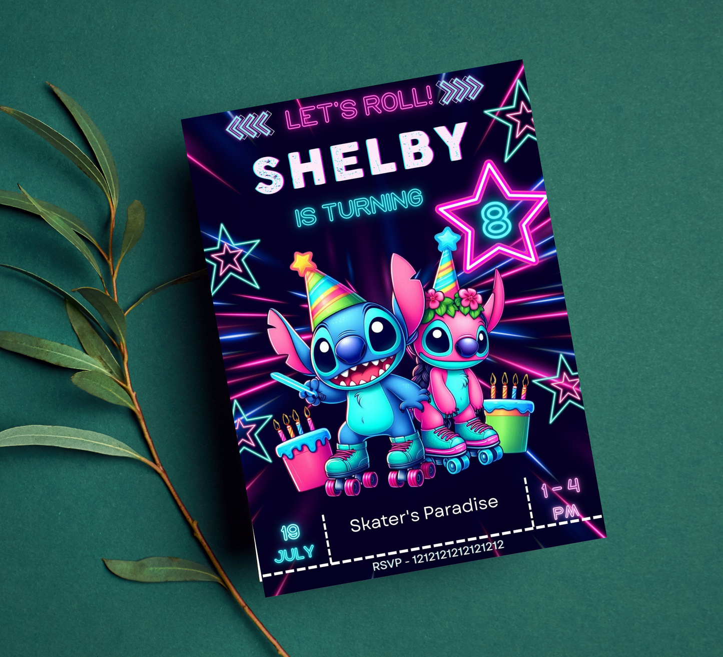 Stitch & Angel Neon Roller Skating Invitation | Glow in the Dark Skating Party | Editable Canva Template | Cyber Neon Birthday Invite