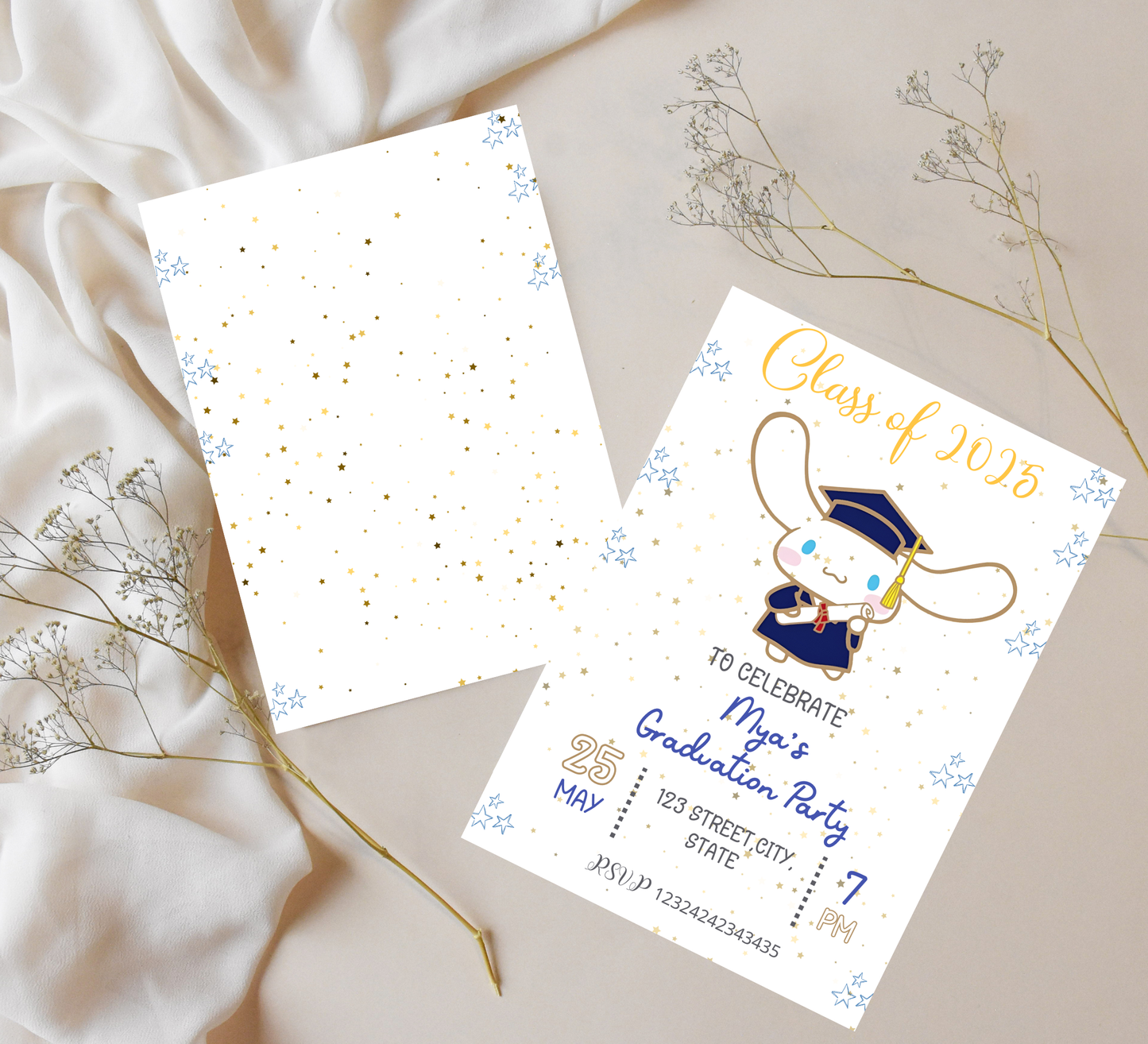 Cinnamoroll Kawaii Graduation Invitation | Kindergarten & School Invite | Editable Canva Template | Cute Aesthetic Class