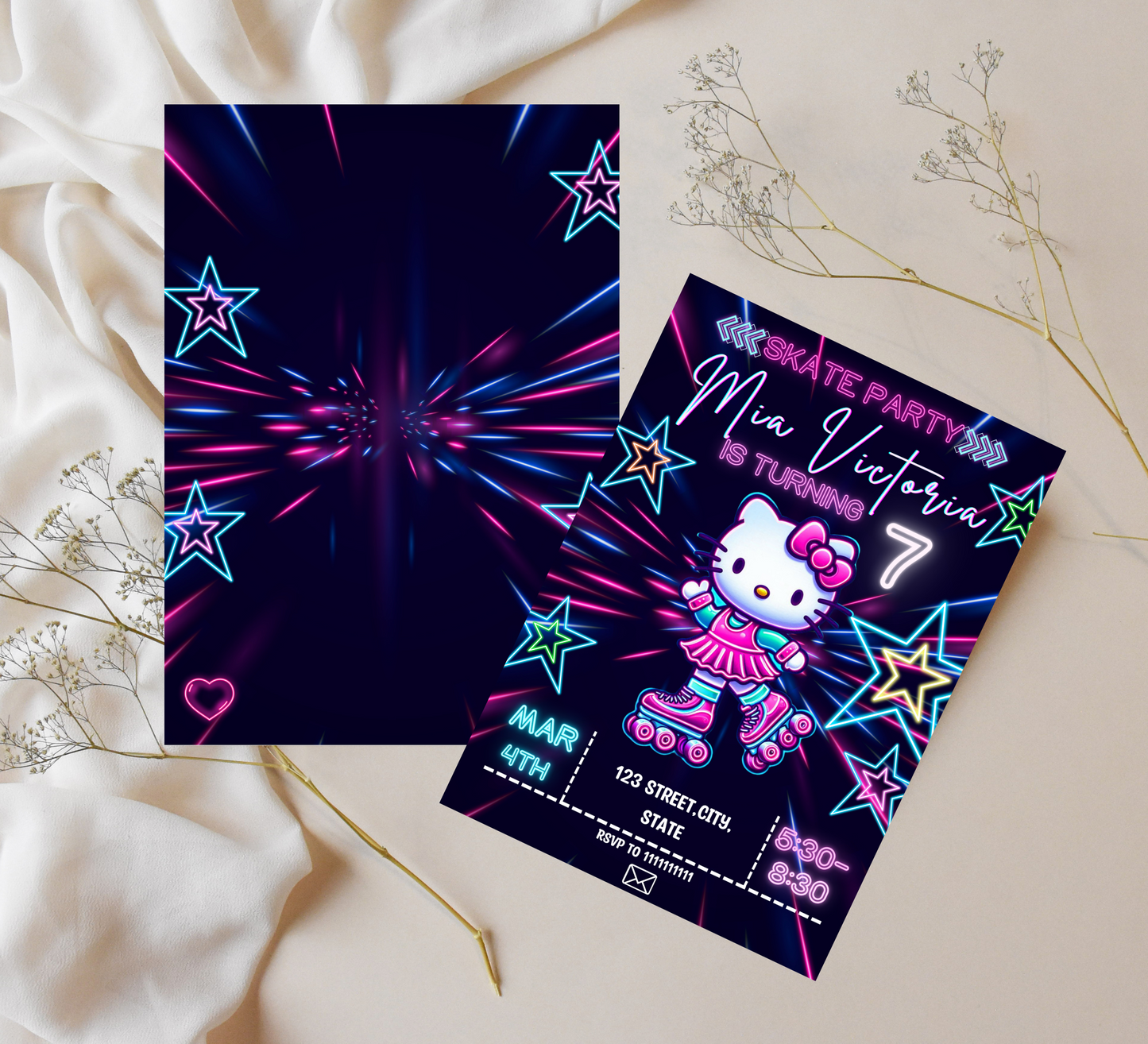 Hello Kitty Roller Skating Neon Birthday Invitation | Editable Canva Template | Kawaii Glow Party Skating Invite | Printable Girls Birthday Invitation