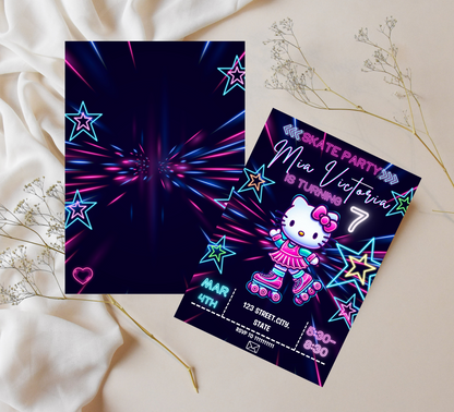 Hello Kitty Roller Skating Neon Birthday Invitation | Editable Canva Template | Kawaii Glow Party Skating Invite | Printable Girls Birthday Invitation