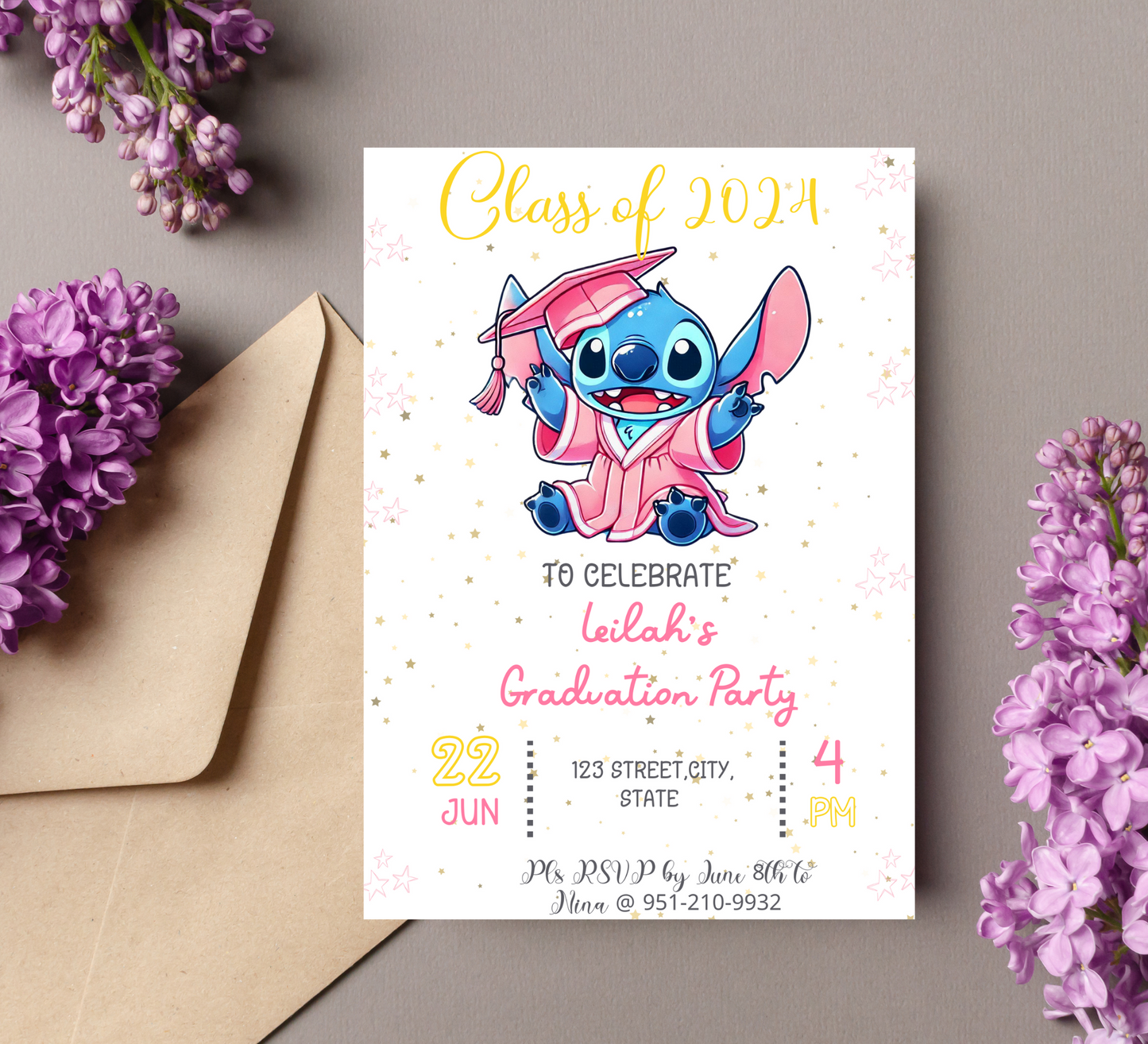 Stitch Pink Graduation Invitation | Kindergarten & School Celebration | Cute Editable Canva Template | Girls Graduation Party Printable