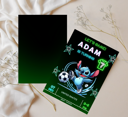 Stitch Neon Football Birthday Invitation | Editable Canva Template | Kawaii Sports Party Invite | Printable Kids Birthday Invitation
