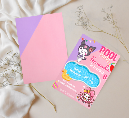 Kuromi & My Melody Kawaii Pool Birthday Invitation | Cute Summer Swim Party | Editable Canva Template | Printable Anime Birthday Invite