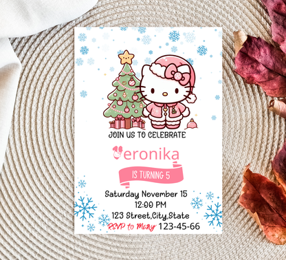 Hello Kitty Pink Winter Christmas Birthday Invitation | Cute Holiday Birthday Invite | Editable Canva Template | Printable Girl’s Winter Wonderland Party