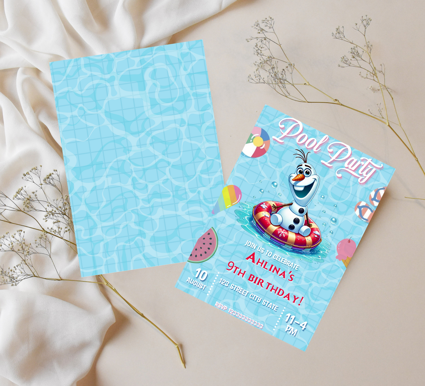 Olaf Frozen Pool Birthday Invitation | Editable Canva Template | Summer Swim Party Invite | Printable Kids Birthday Invitation
