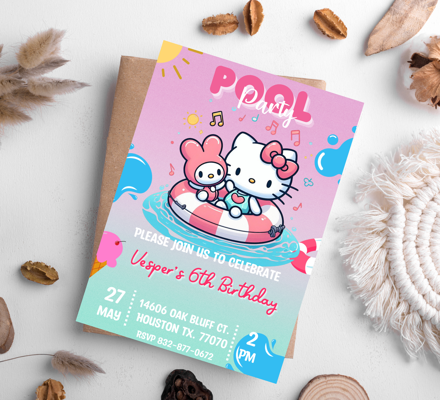 Hello Kitty & My Melody Pool Birthday Invitation | Kawaii Summer Swim Party | Editable Canva Template