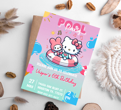 Hello Kitty & My Melody Pool Birthday Invitation | Kawaii Summer Swim Party | Editable Canva Template