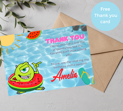 Monsters Inc Mike & Sulley Pool Birthday Invitation 👾💦 | Summer Swim Party | Editable Canva Template