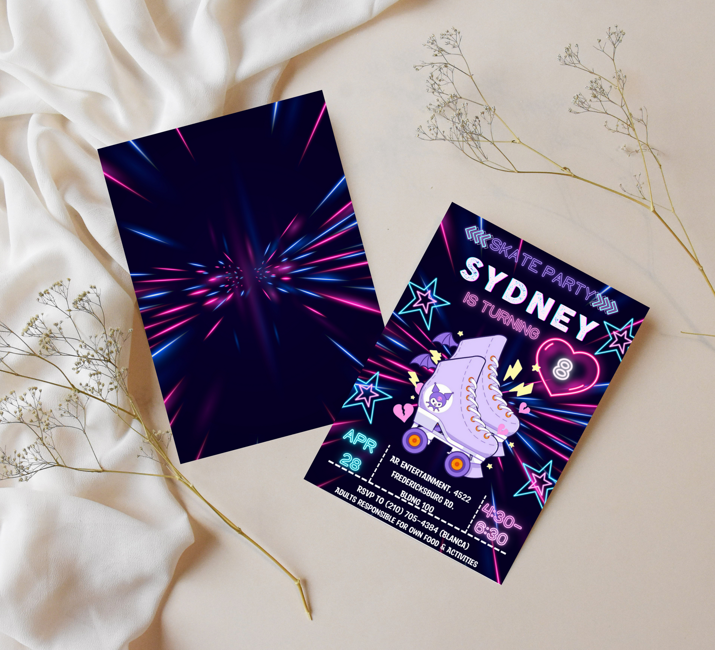 Kawaii Kuromi Neon Roller Skating Birthday Invitation | Glow Party Skate Invite | Editable Canva Template | Cute Sanrio Roller Rink Invitation