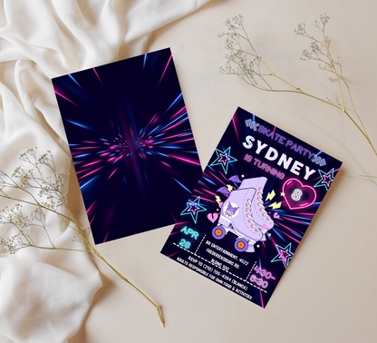 Kawaii Kuromi Neon Roller Skating Birthday Invitation | Glow Party Skate Invite | Editable Canva Template | Cute Sanrio Roller Rink Invitation