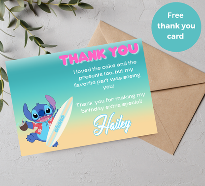 Stitch Surf Pool Birthday Invitation | Tropical Surfing Swim Party | Editable Canva Template