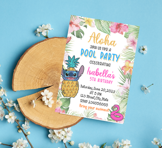 Stitch Aloha Tropical Pool Birthday Invitation | Hawaiian Summer Party Invite | Editable Canva Template | Tropical Pool Party Birthday Invitation