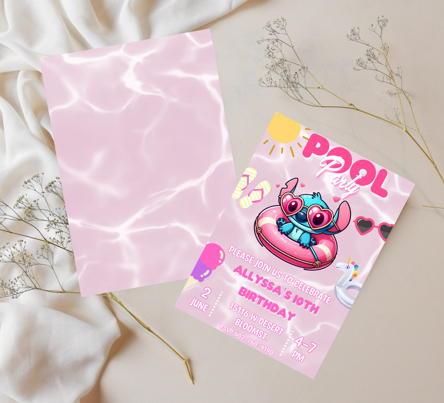 Stitch Pink Pool Birthday Invitation | Tropical Girl's Swim Party | Editable Canva Template | Pink Stitch Summer Bash | Hibiscus Floral Pool Invite