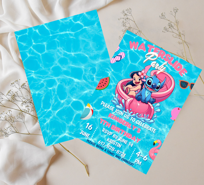 Stitch & Lilo Pink Waterslide Pool Birthday Invitation | Tropical Summer Party Invite | Editable Canva Template | Cute Pool Slide Birthday Printable
