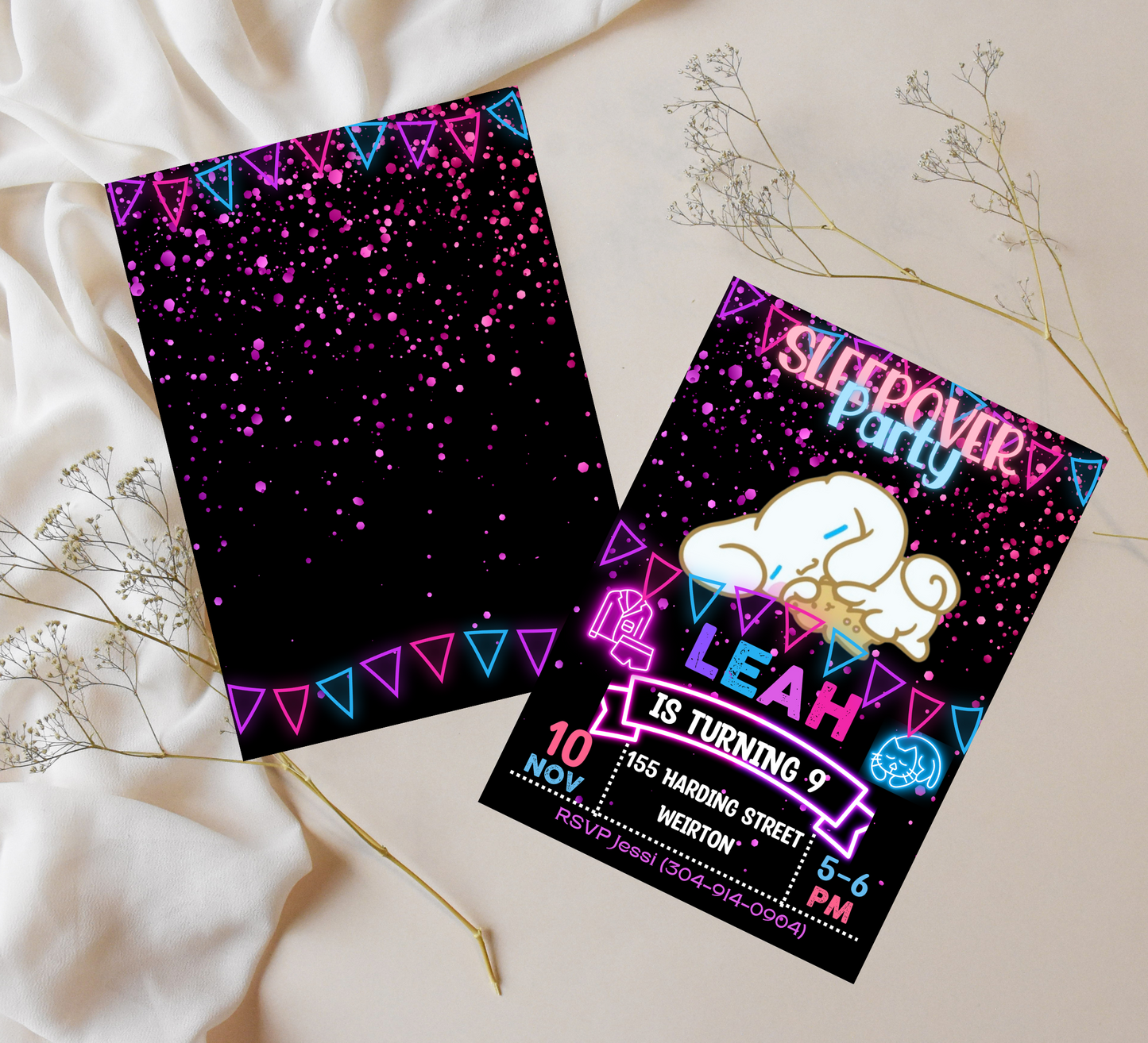 Cinnamoroll Neon Sleepover Invite | Cute Kawaii Glow In The Dark Birthday Canva Template ☁️⚡💖