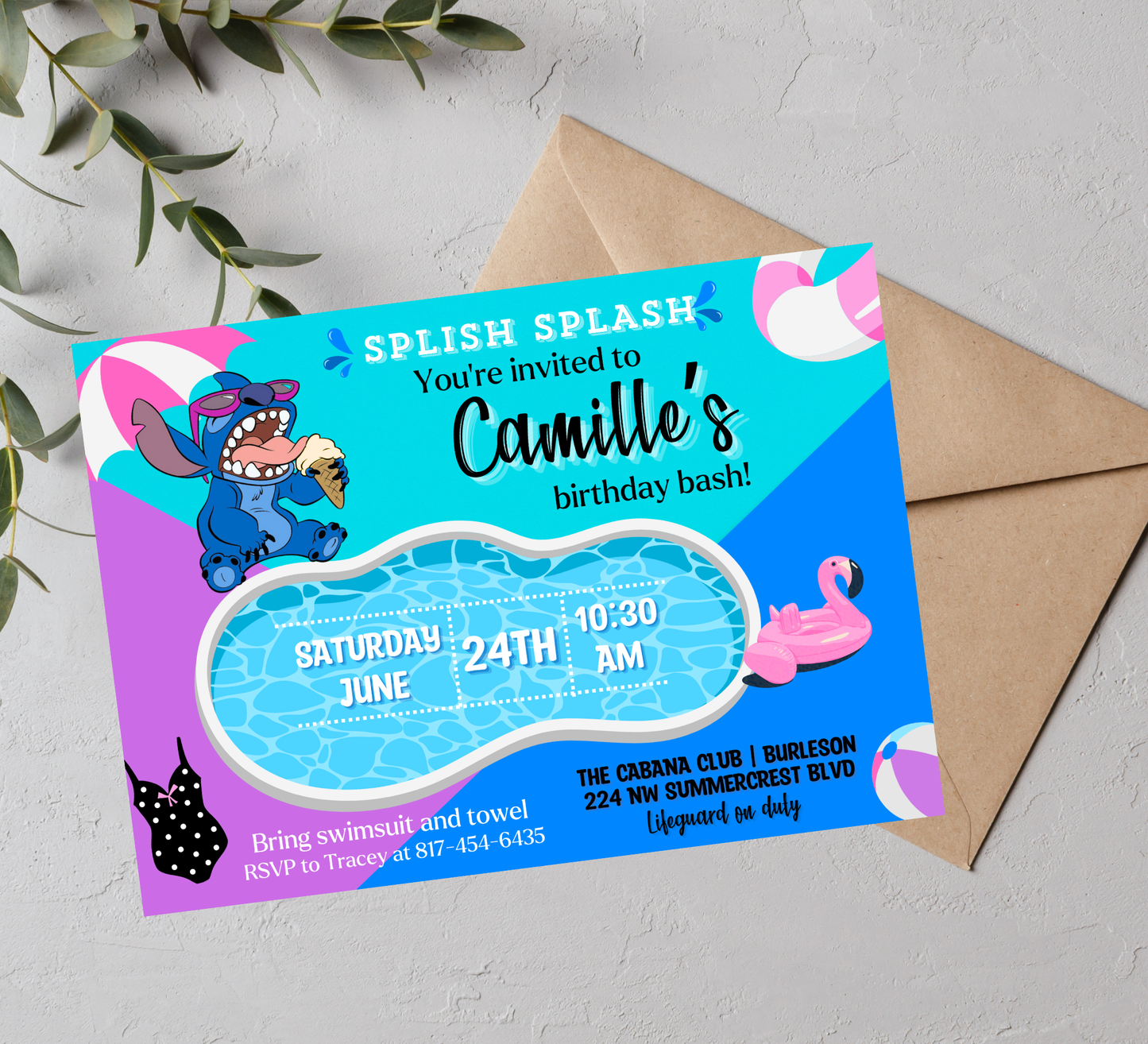 Stitch & Lilo Pool Blue and Purple Birthday Invitation | Tropical Swim Party | Editable Canva Template