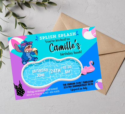 Stitch & Lilo Pool Blue and Purple Birthday Invitation | Tropical Swim Party | Editable Canva Template