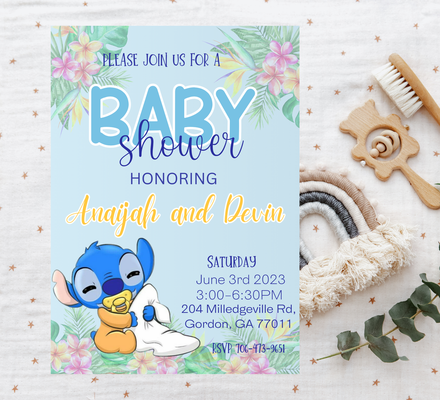 Stitch Blue With Flowers Baby Shower Invitation | Boy Baby Shower | Editable Canva Template