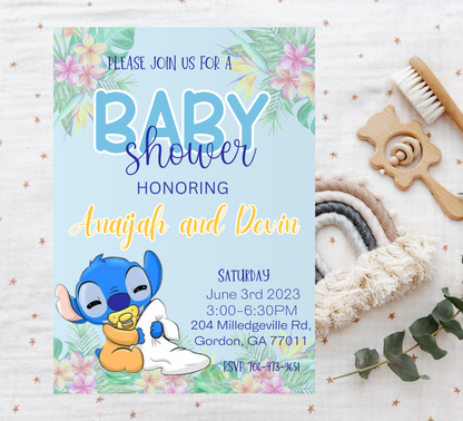 Stitch Blue With Flowers Baby Shower Invitation | Boy Baby Shower | Editable Canva Template