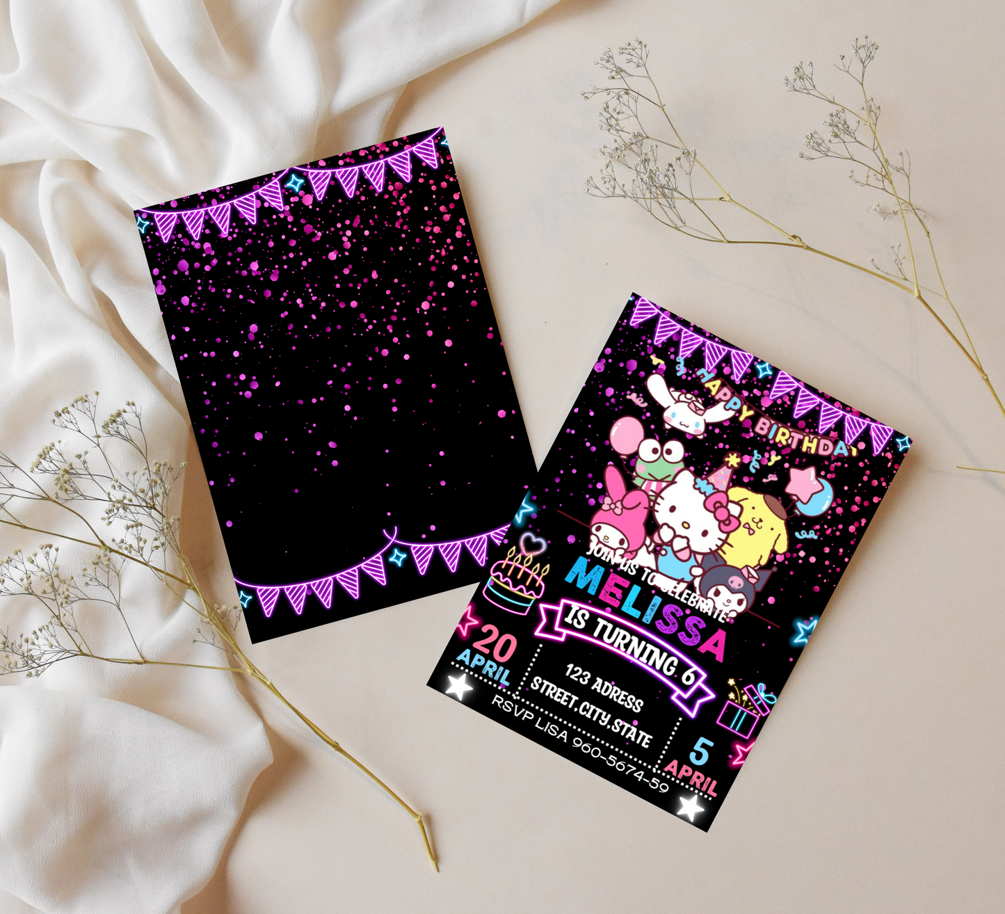 Hello Kitty & Friends Kawaii Neon Birthday Invitation | Editable Canva Template | Cute Glow Party Invite | Printable Girls Birthday Invitation