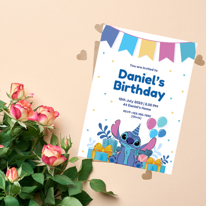 Stitch Blue Birthday Invitation 💙🎉 | Cute Kids Party Invite | Editable Digital Template